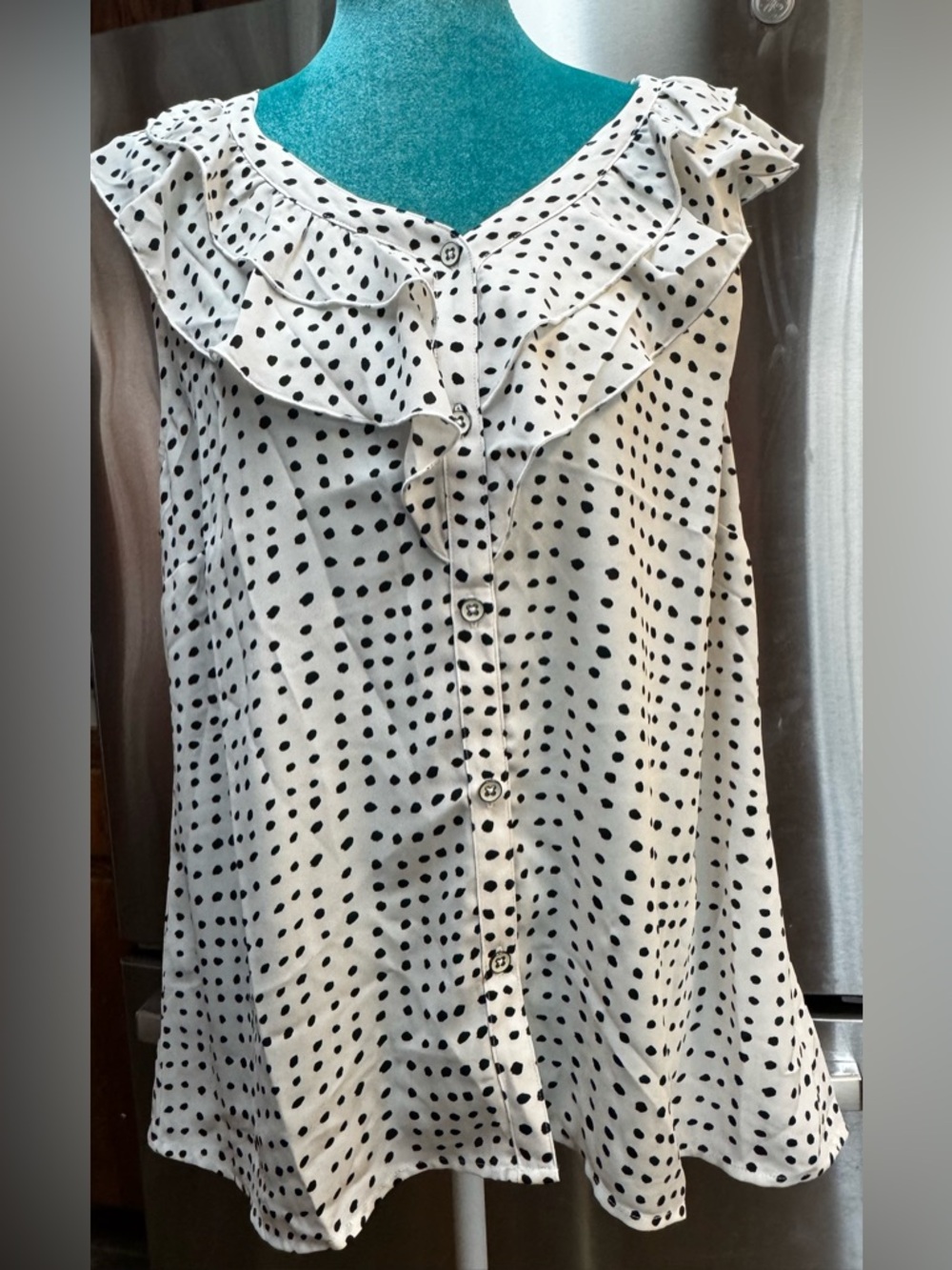 CAbi White and Black Polka Dot Ruffle Button-Front Camisole